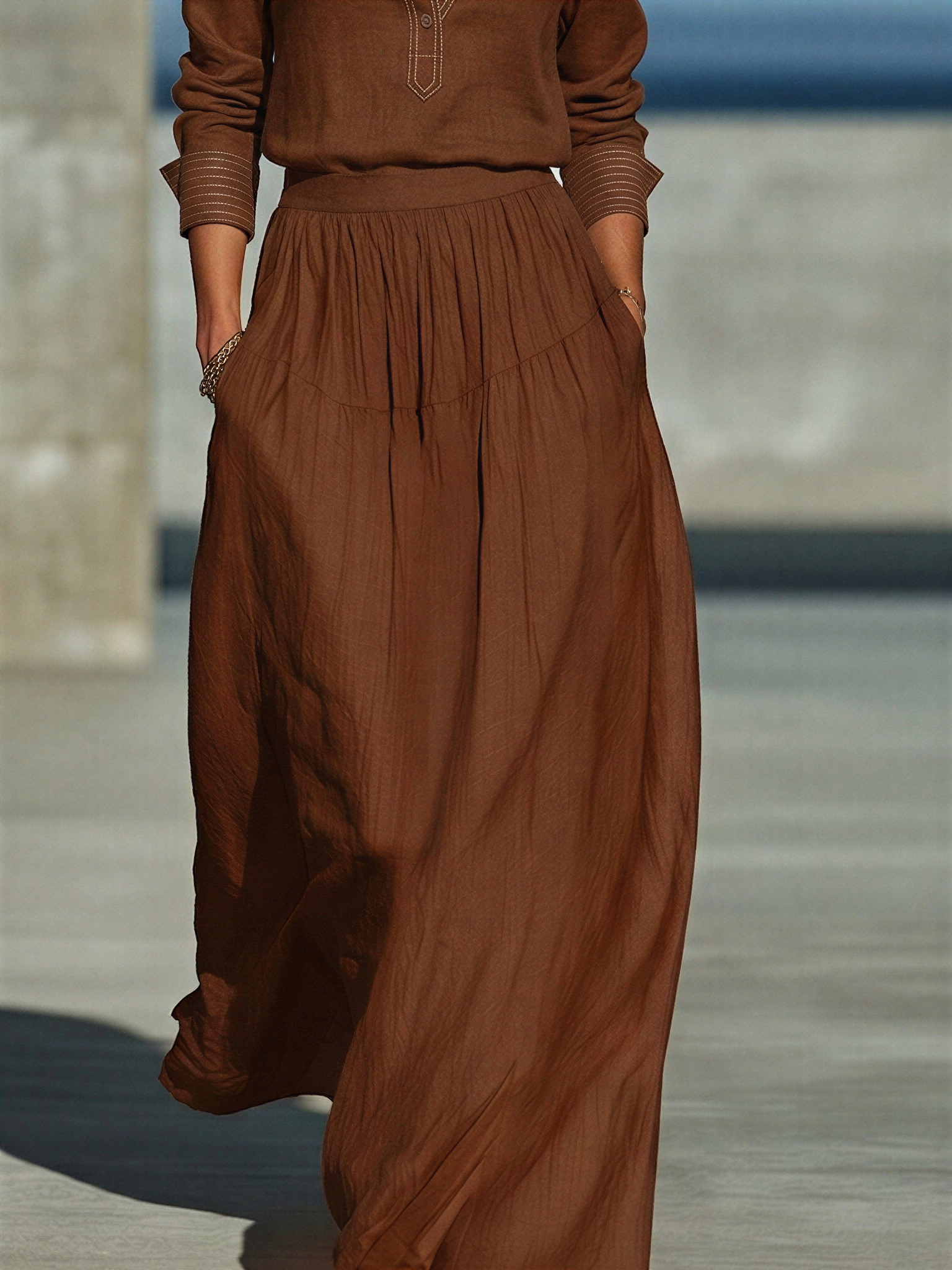 Women's Chocolate Linen Blend Two Piece Matching Set With Contrast Stitch Henley Collar Shirt & High Waist Pleated Maxi Skirt, Casual Resort Flowy Co-Ord Outfit MDZ2094G8LYL