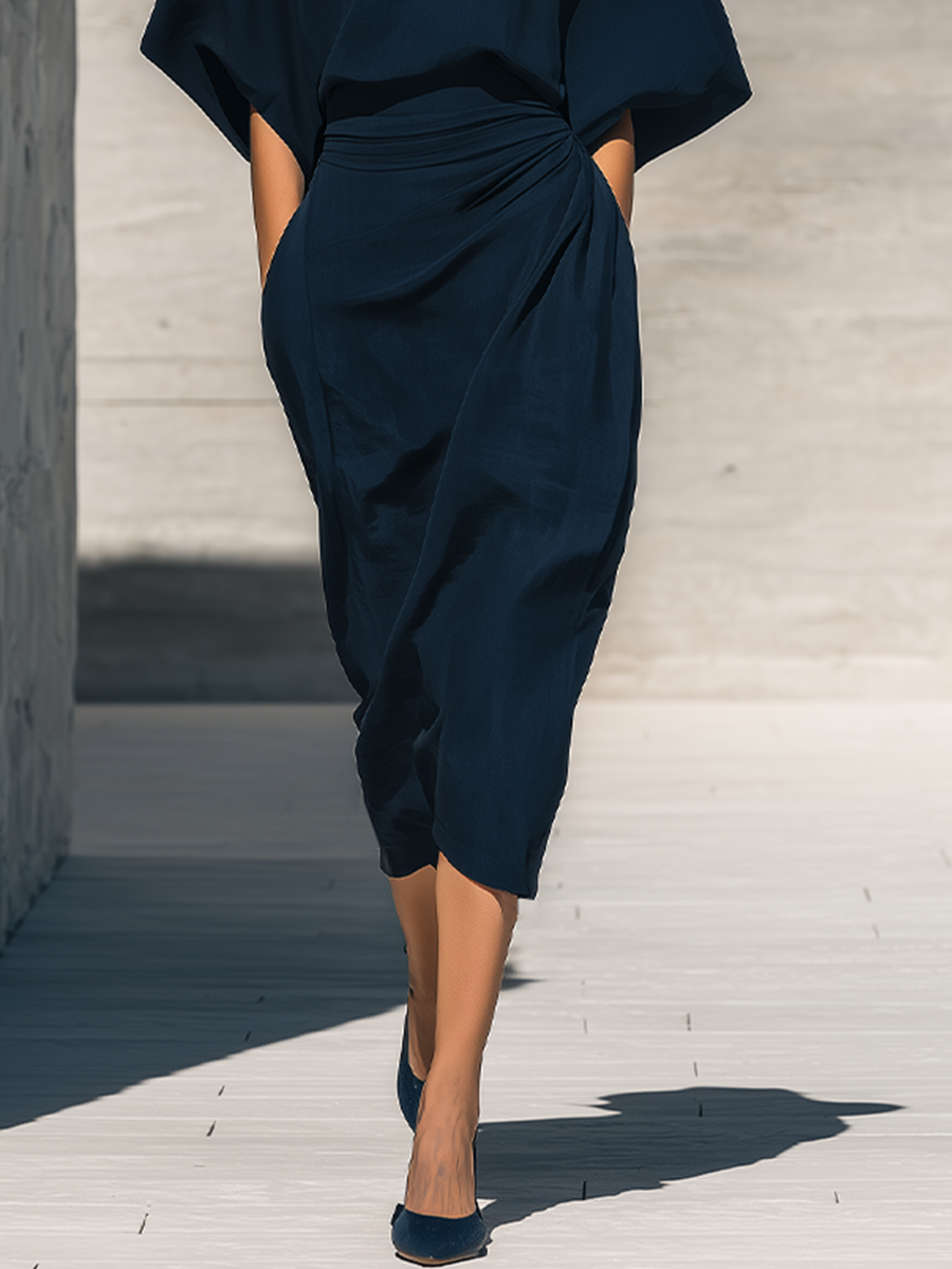 Women's Navy Cotton-Blend Two Piece Matching Set With Bow Tie Neck Batwing Sleeve Blouse & Side Twist Wrap Midi Skirt, Minimalist Elegant Formal Co-Ord Outfit MDZ2071G7LYL