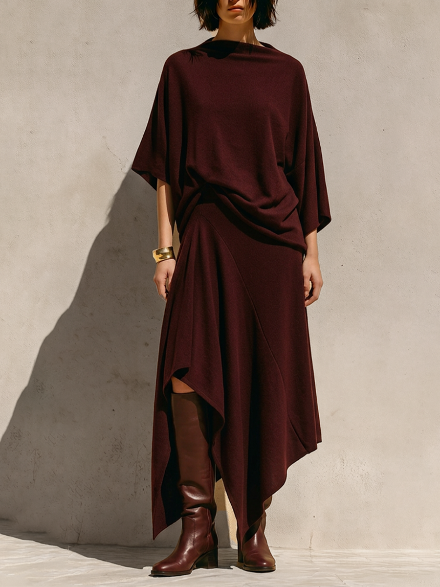 Women's Burgundy Soft Knit Two Piece Matching Set With Draped Cowl Batwing Sleeve Top & Asymmetrical Hem Midi Skirt, Minimalist Lagenlook Elegant Co-Ord Outfit MDZ2050G1LYL