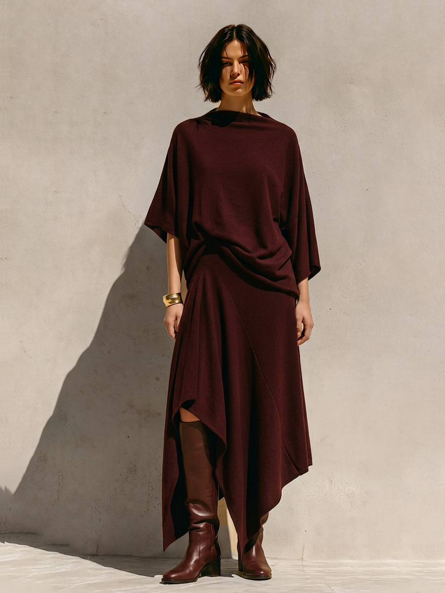 Women's Burgundy Soft Knit Two Piece Matching Set With Draped Cowl Batwing Sleeve Top & Asymmetrical Hem Midi Skirt, Minimalist Lagenlook Elegant Co-Ord Outfit MDZ2050G1LYL