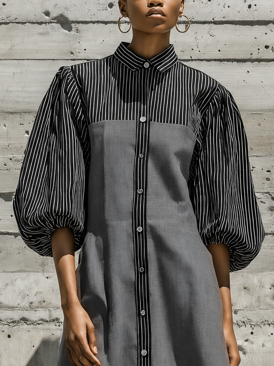 Women's Black White Vertical Stripe Patch Puff Sleeve Collared Button Front Color Block Gray Cotton-linen blend Midi Shirt Dress MDZ2049G8YZJ