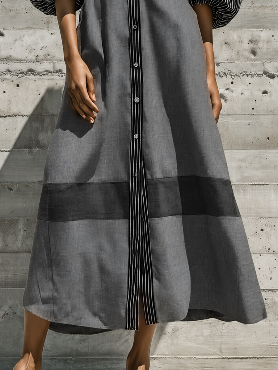 Women's Black White Vertical Stripe Patch Puff Sleeve Collared Button Front Color Block Gray Cotton-linen blend Midi Shirt Dress MDZ2049G8YZJ