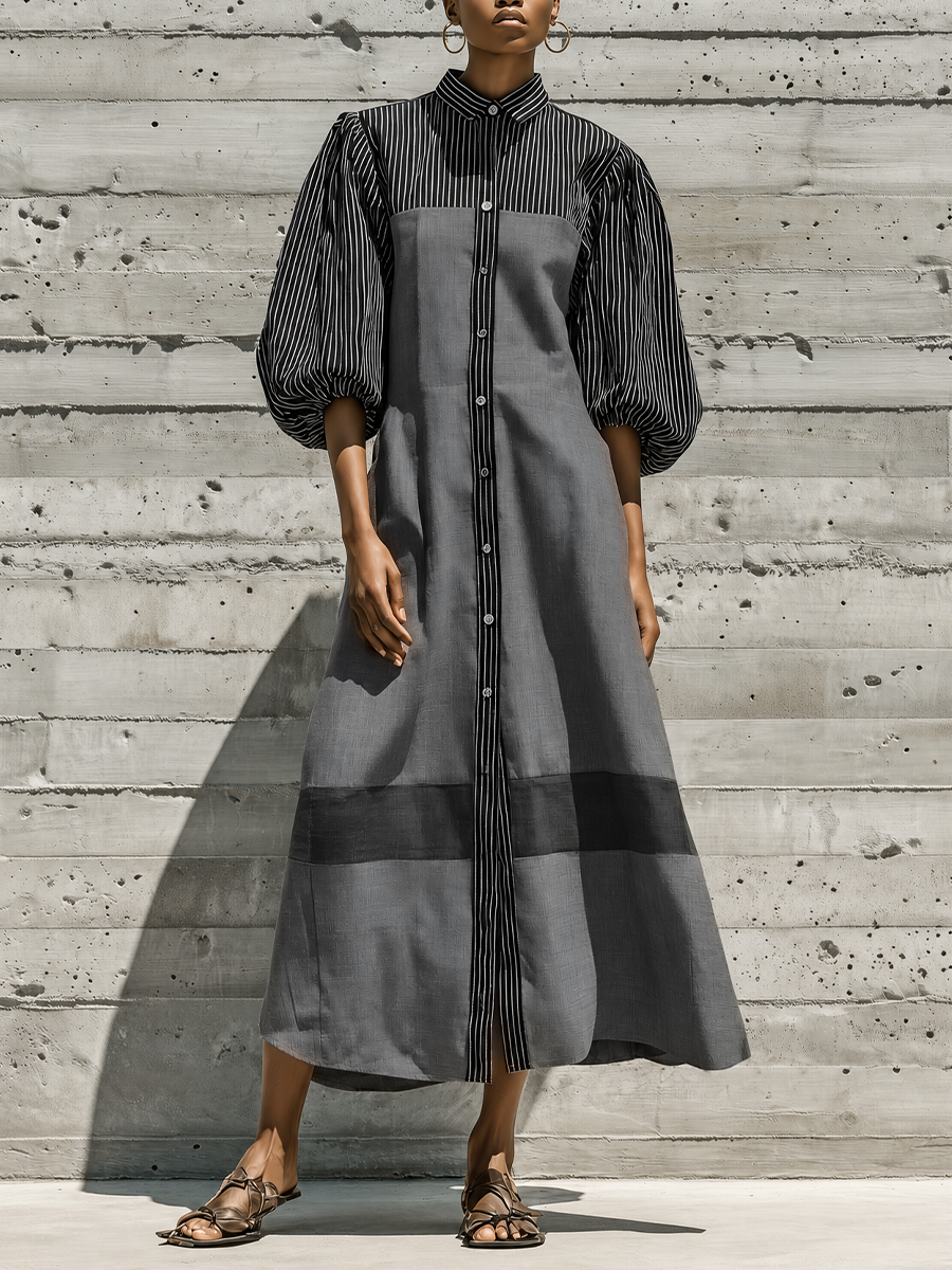 Women's Black White Vertical Stripe Patch Puff Sleeve Collared Button Front Color Block Gray Cotton-linen blend Midi Shirt Dress MDZ2049G8YZJ