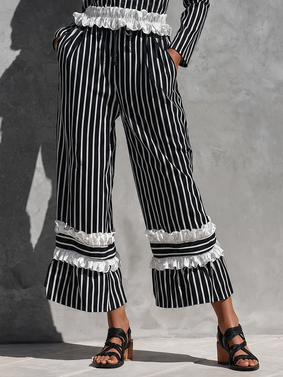Women's Black White Vertical Stripe White Ruffle Trim Off Shoulder Long Sleeve Top Drawstring Waist Tiered Ruffle Capri Wide Leg Pant Two Piece Set MDZ2054G3YZJ