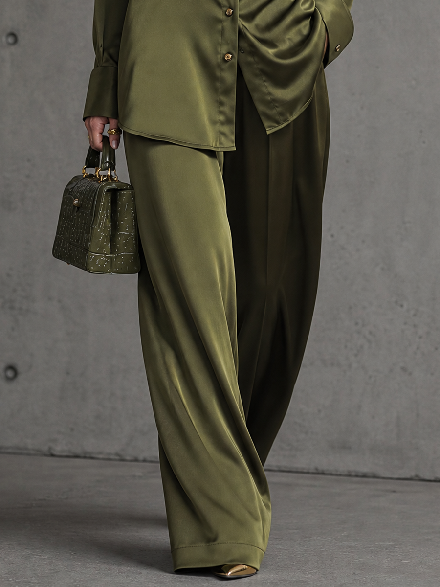 Women's Olive Green Glossy Satin Collared Dual Chest Pocket Button Front Long Sleeve Shirt High Waist Wide Leg Trouser Two Piece Set MDZ2096G4YZJ