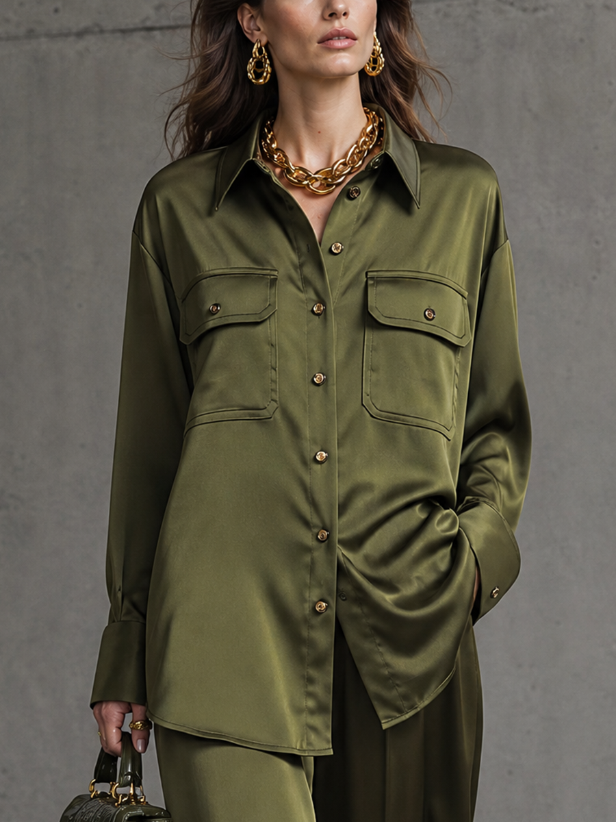 Women's Olive Green Glossy Satin Collared Dual Chest Pocket Button Front Long Sleeve Shirt High Waist Wide Leg Trouser Two Piece Set MDZ2096G4YZJ