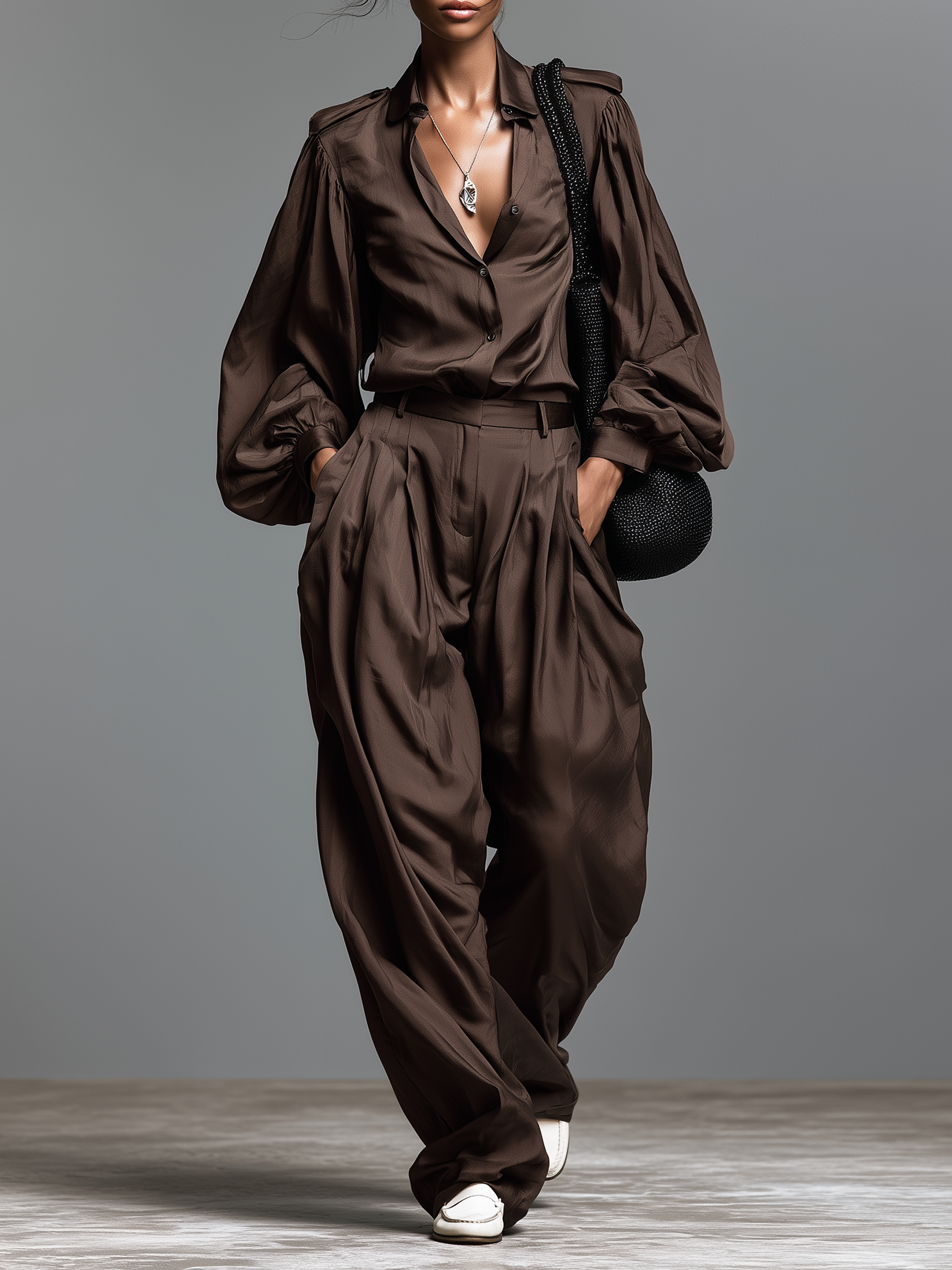 Women's Minimalist Matte Satin Long-Sleeve Shirt And Wide-Leg Trousers Set With Shoulder Epaulettes MDZ2044G0WY
