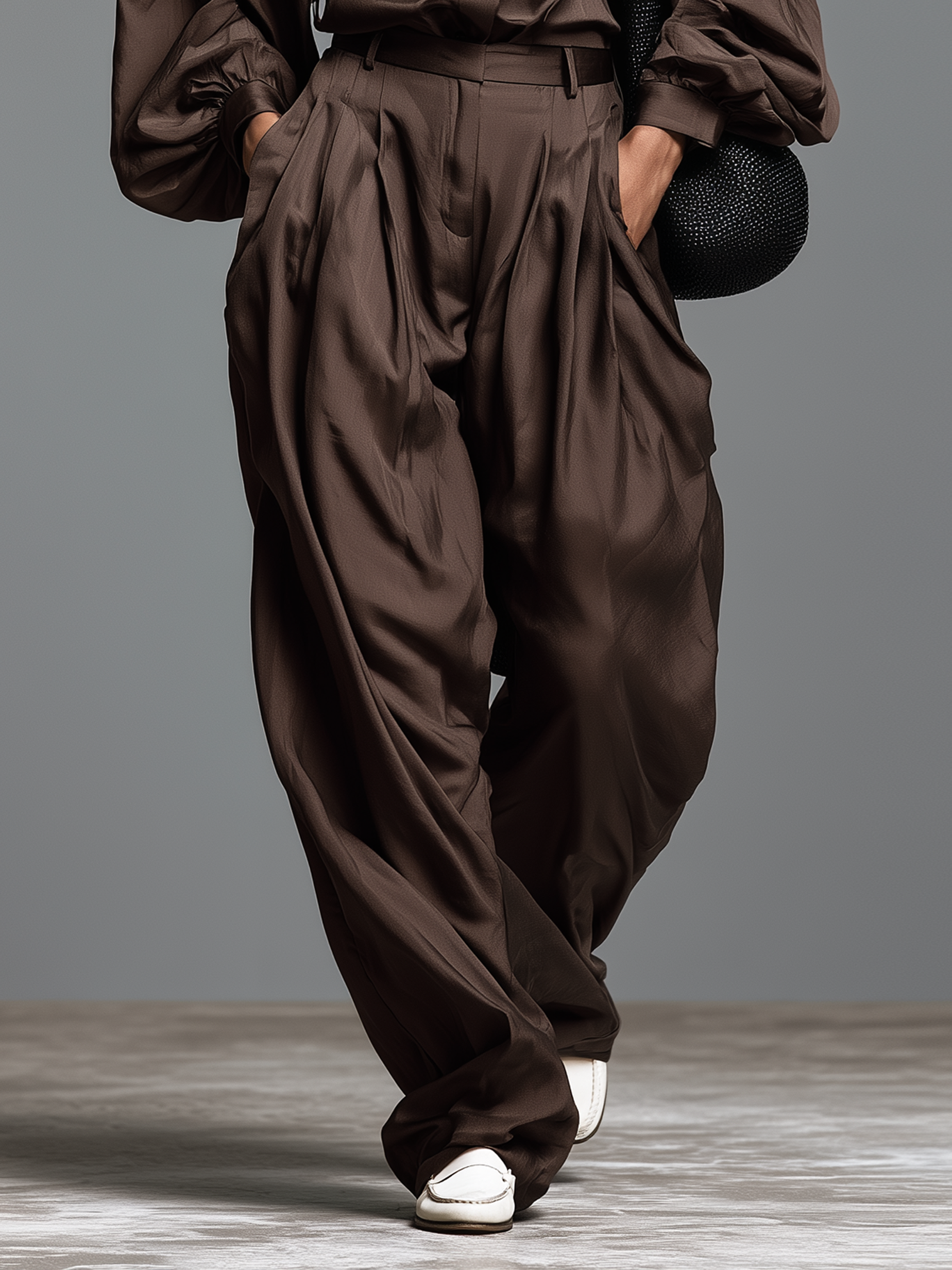 Women's Minimalist Matte Satin Long-Sleeve Shirt And Wide-Leg Trousers Set With Shoulder Epaulettes MDZ2044G0WY