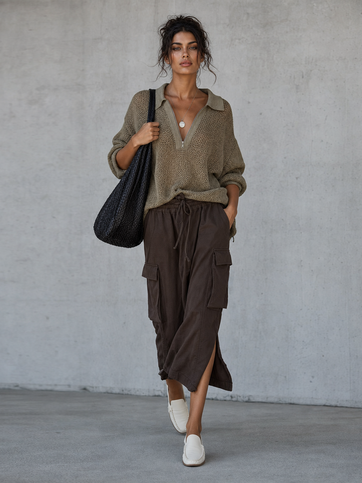 Women's Minimalist Pointelle Half-Zip Long-Sleeve Sweater & Drawstring Utility Midi Skirt Set MDZ2042G1WY