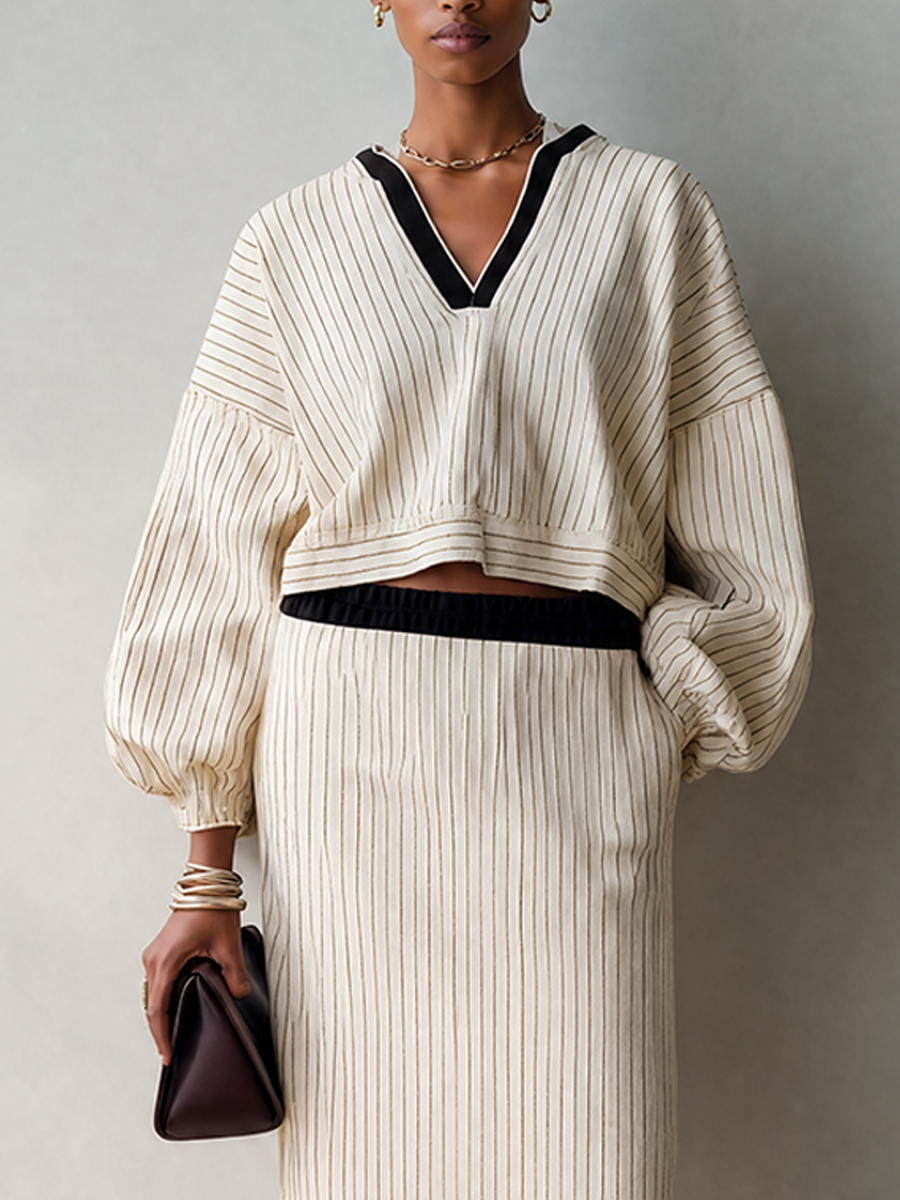 Women's Cream Vertical Stripe Knit V-Neck Crop Top & Midi Skirt Set MDZ2029G4ZRK
