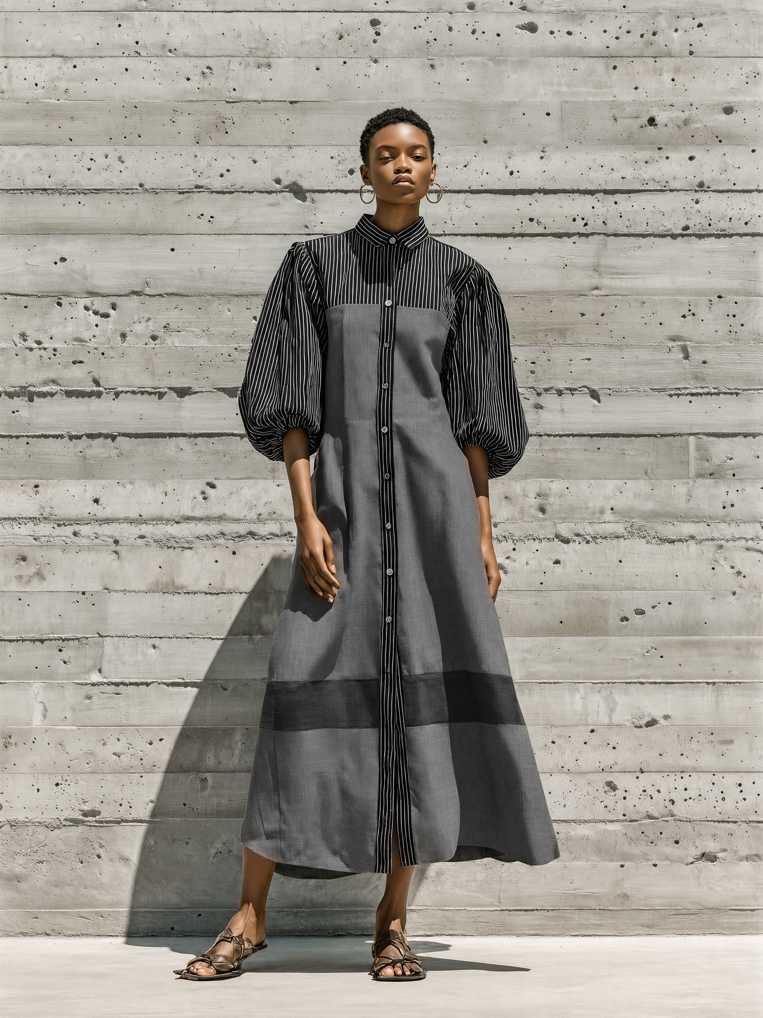 Women's Black White Vertical Stripe Patch Puff Sleeve Collared Button Front Color Block Gray Cotton-linen blend Midi Shirt Dress MDZ2049G8YZJ