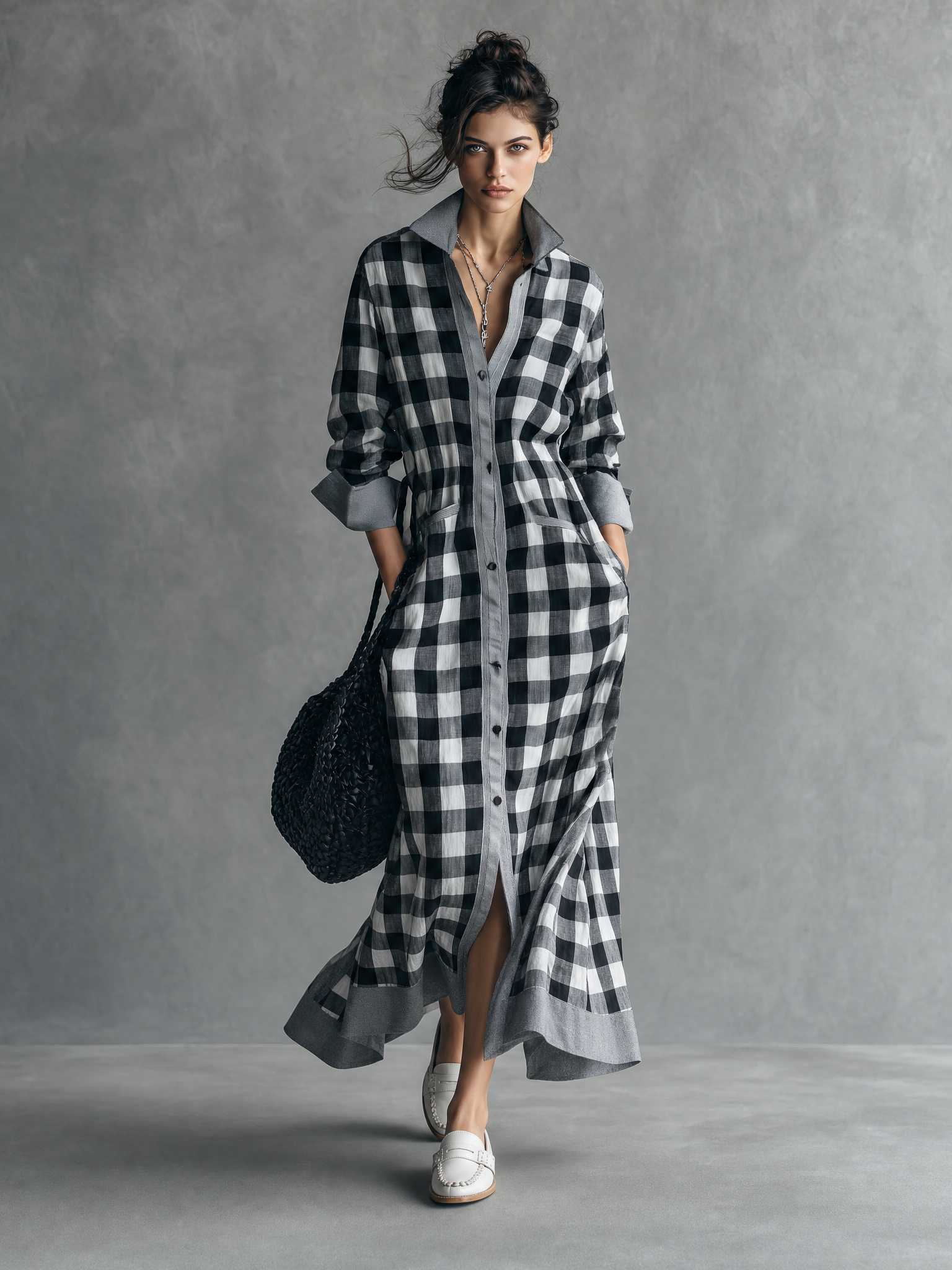 Women's Minimalist Plaid Color-Block Single-Breasted Long-Sleeve Maxi Dress MDZ2021G1WY