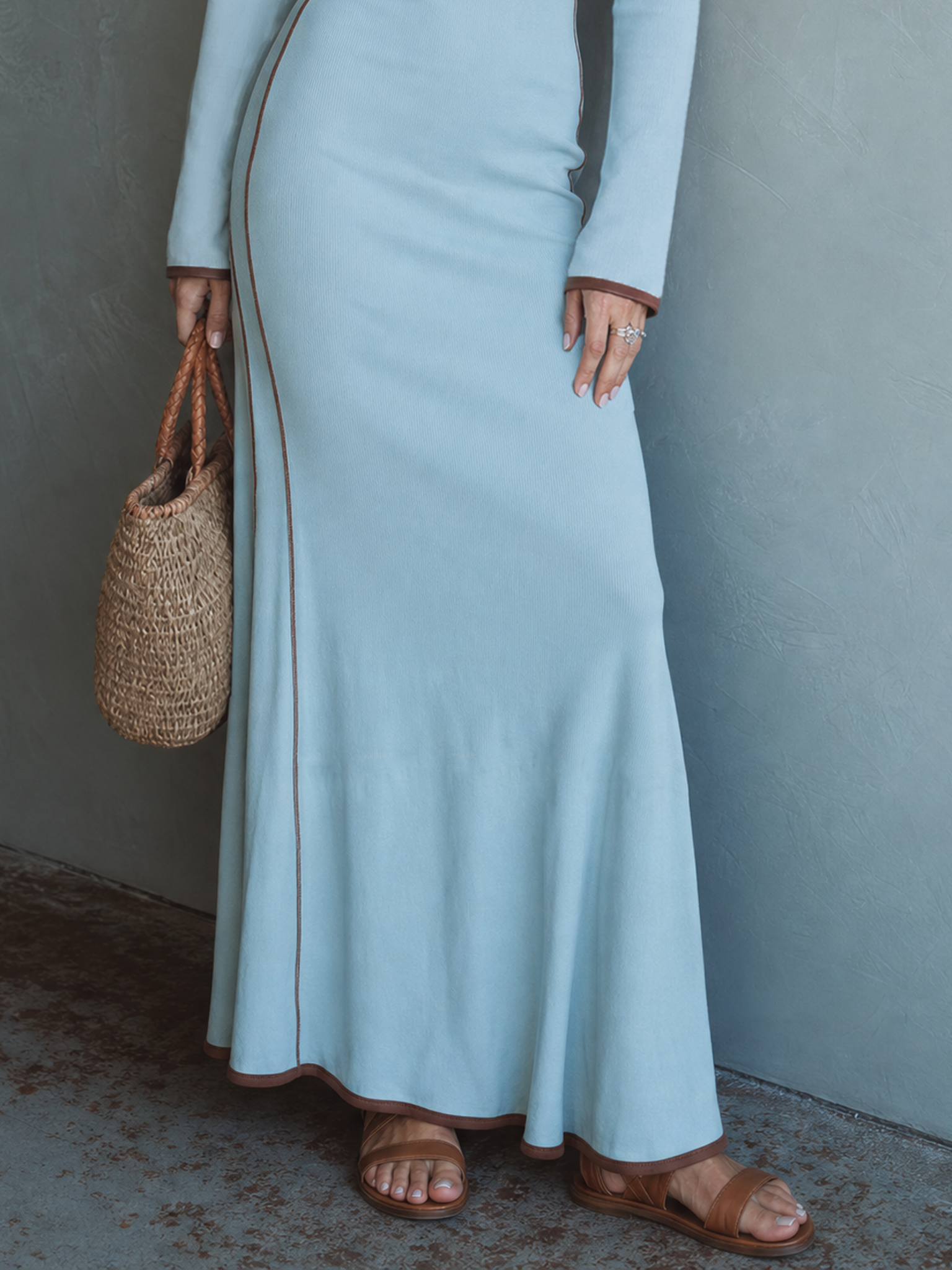 Women's Casual Fitted Color-Block Long-Sleeve Maxi Dress In Stretch Kn – Modesees