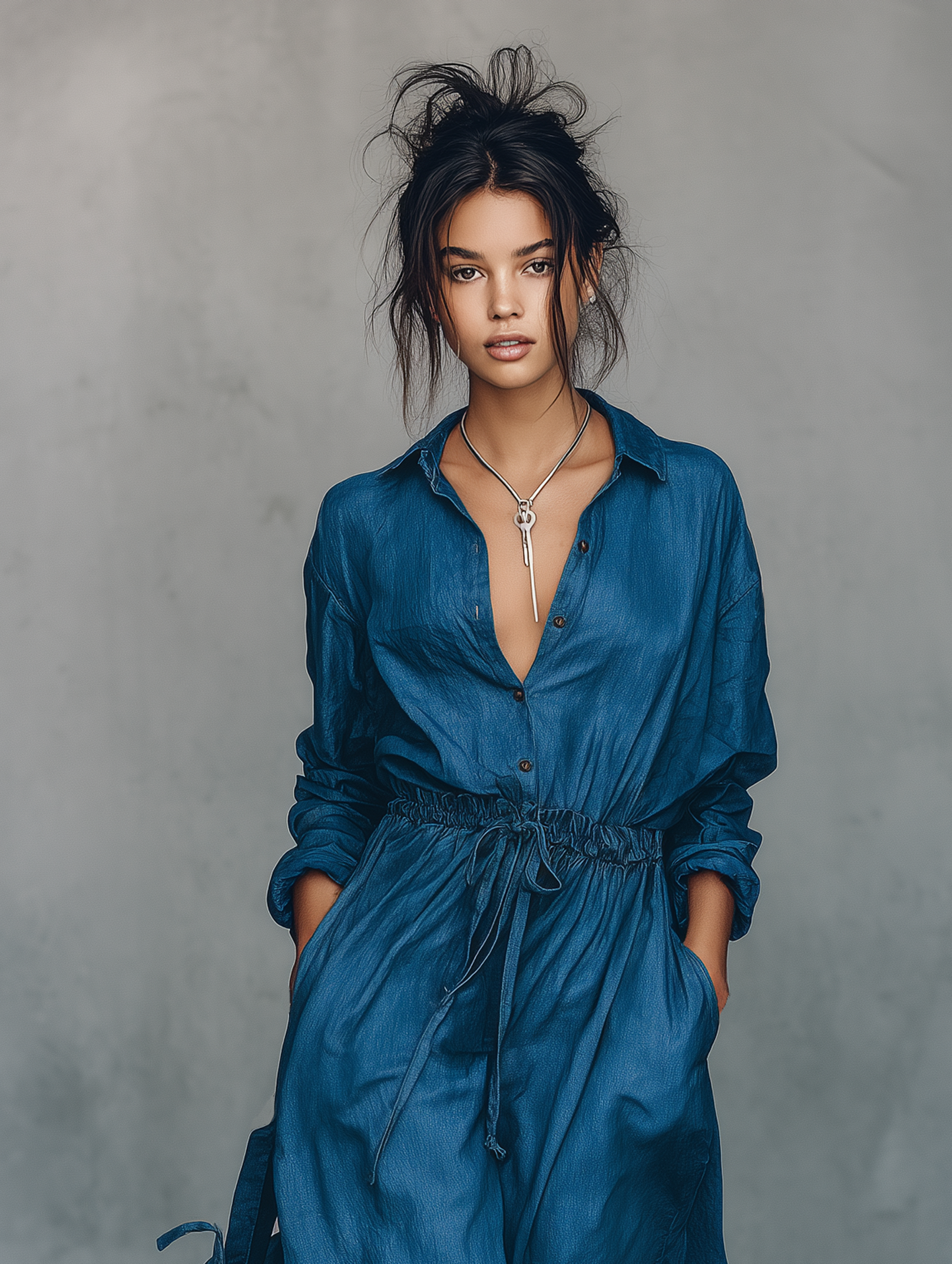 Women's Minimalist Linen-Blend Long-Sleeve Wide-Leg Jumpsuit With Drawstring Waist MDZ2056G4WY