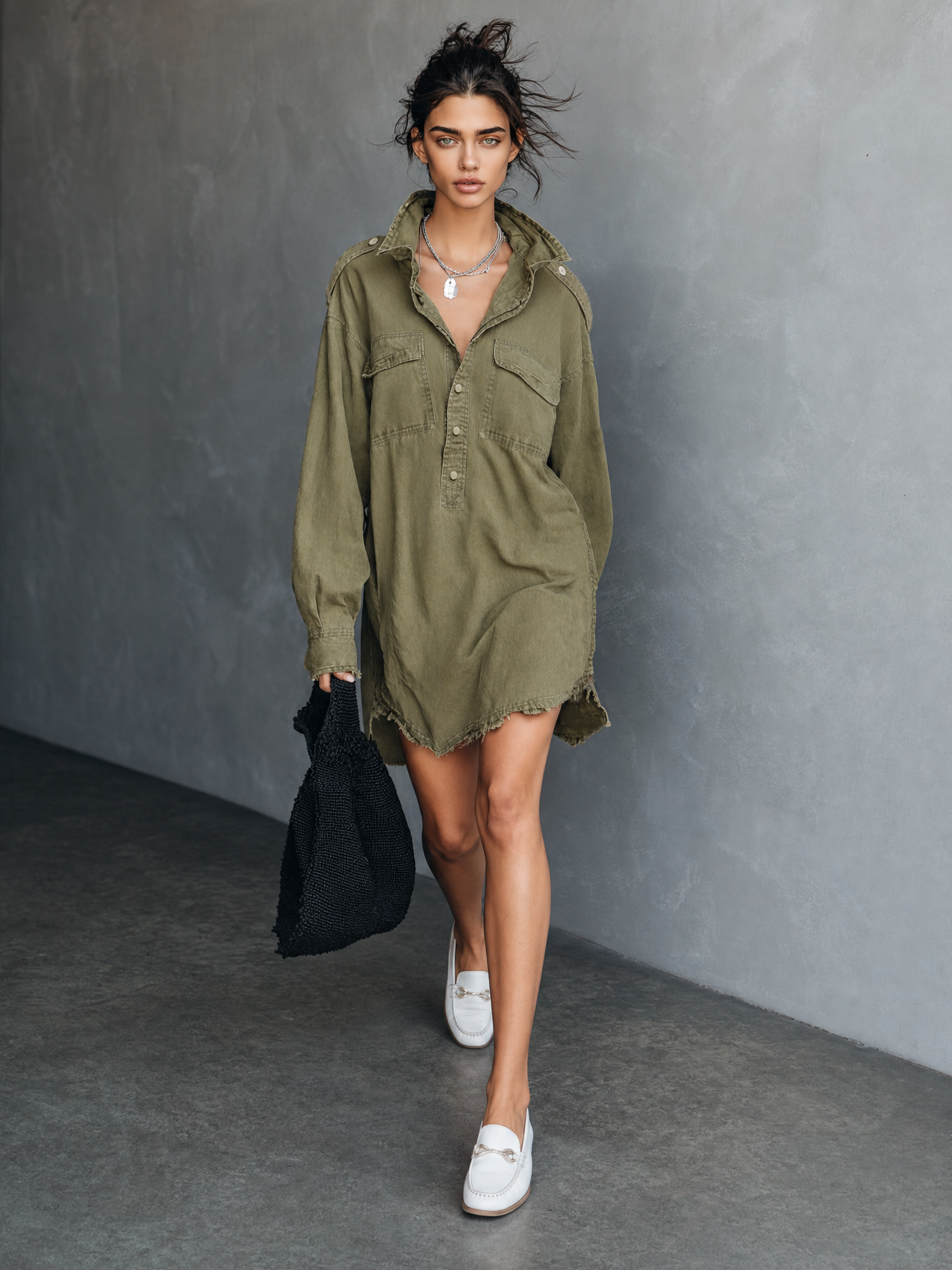 Women's Minimalist Long-Sleeve Raw-Edge Mini Dress With Polo Collar And Epaulettes MDZ2084G4WY