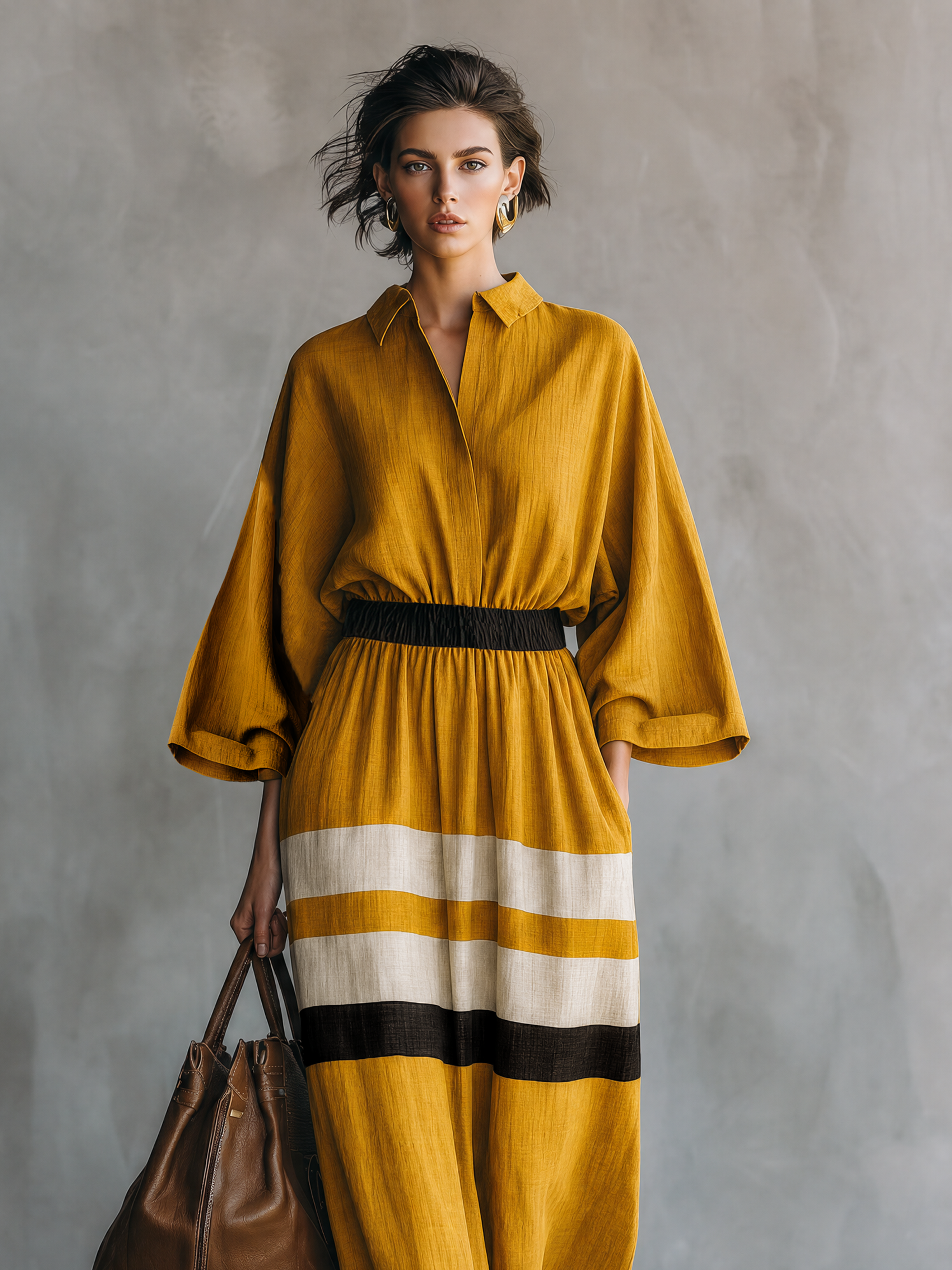 Women's Minimalist Color-Block Maxi Dress With Elastic Waist And Three-Quarter Sleeves MDZ2053G2WY