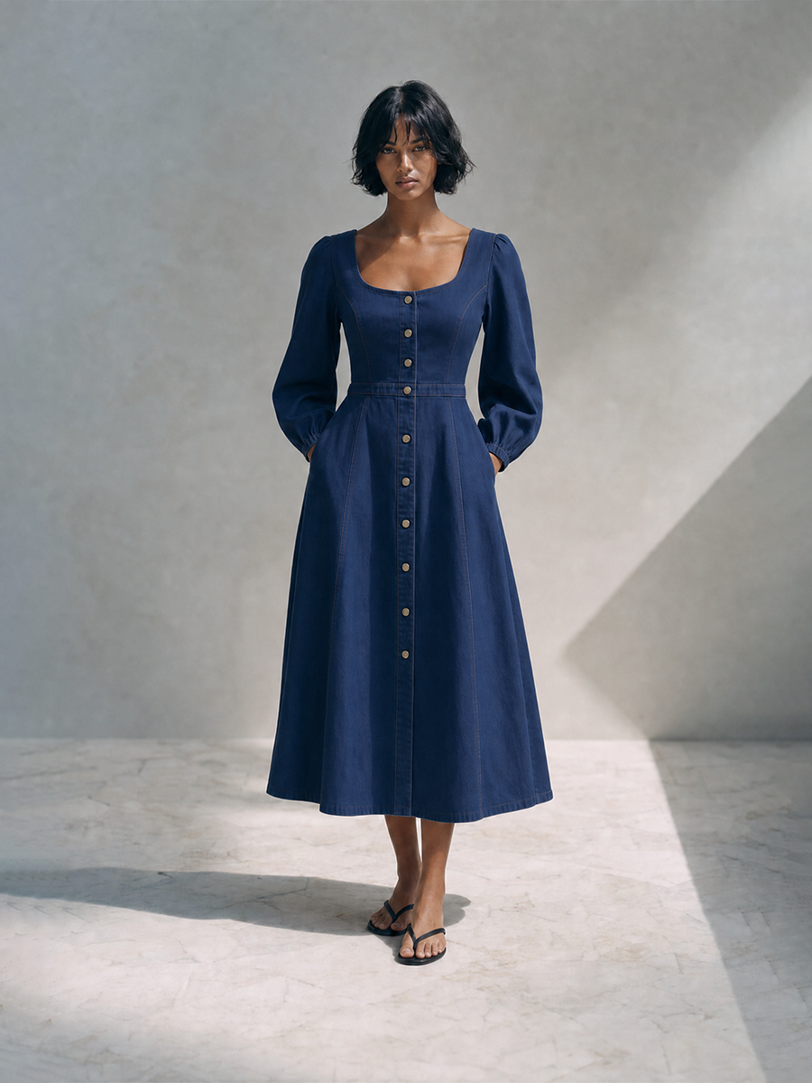 Women's Modern Navy Blue Cotton Linen Blend Square Neck Puff Sleeve Button-Front A-Line Midi DressMDZ2090G6ZSQ