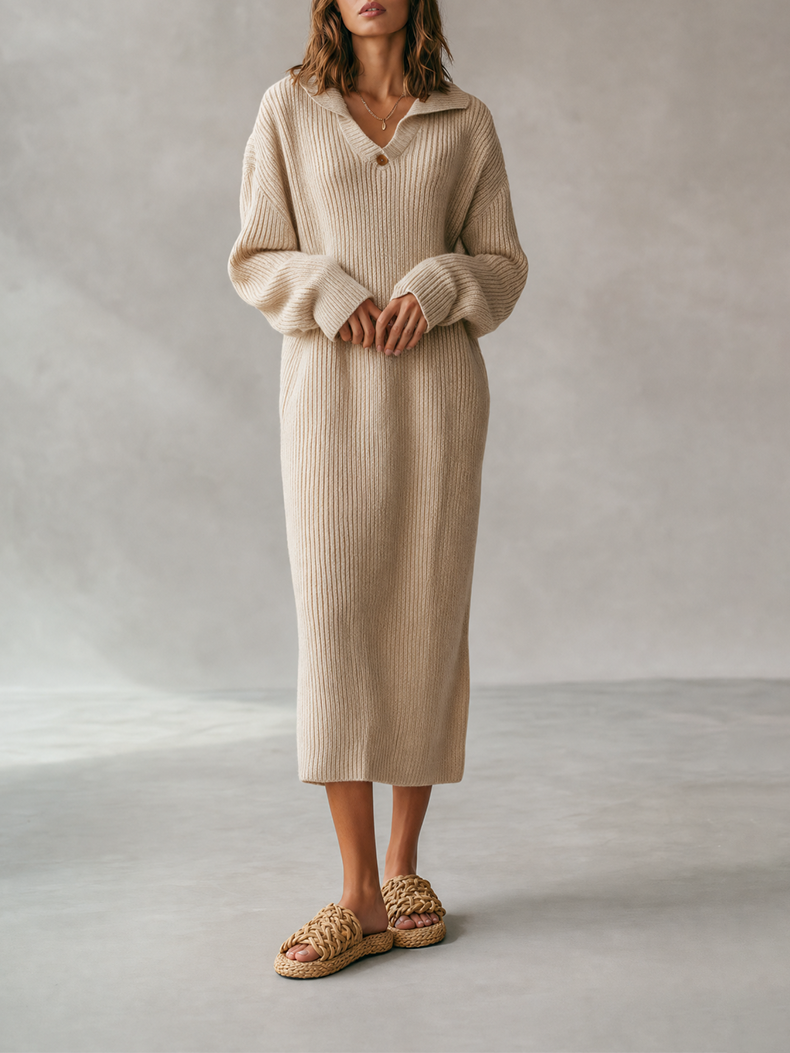 Women's Cozy Chic Oatmeal Beige Ribbed Knit Polo Collar Long Sleeve Midi Sweater DressMDZ2045G8ZSQ
