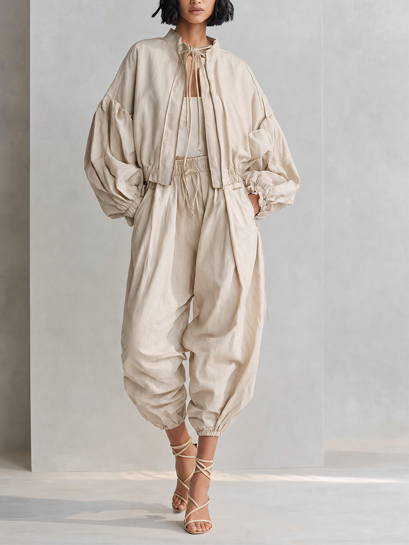 Women's Minimalist Sand Beige Cotton Blend Stand Collar Balloon Sleeve Cropped Jacket And Cocoon Jogger Pants Two-Piece SetMDZ2005G4ZSQ