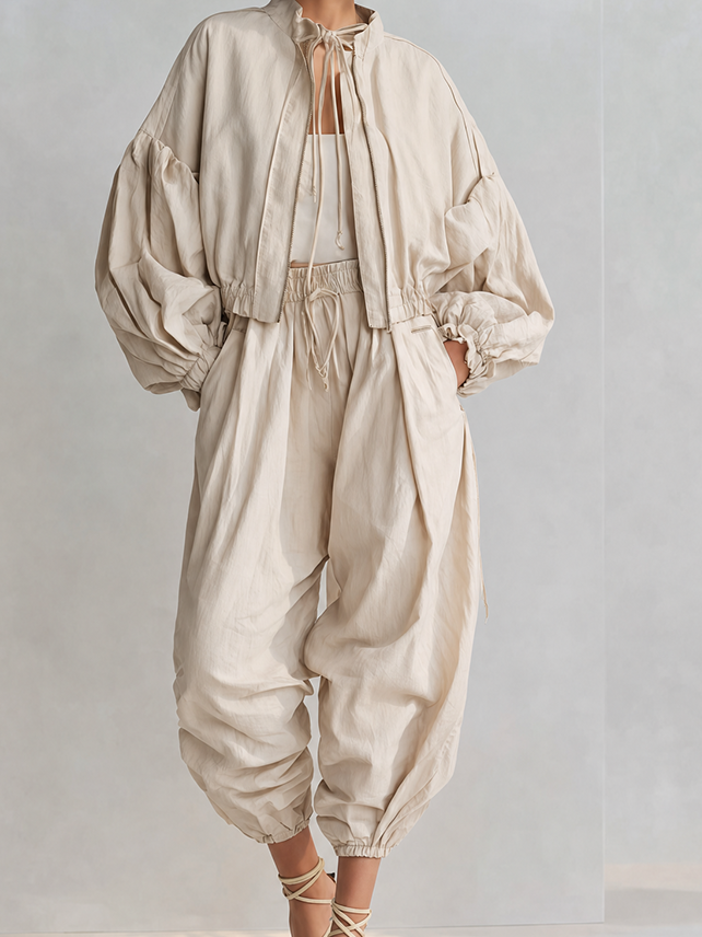 Women's Minimalist Sand Beige Cotton Blend Stand Collar Balloon Sleeve Cropped Jacket And Cocoon Jogger Pants Two-Piece SetMDZ2005G4ZSQ