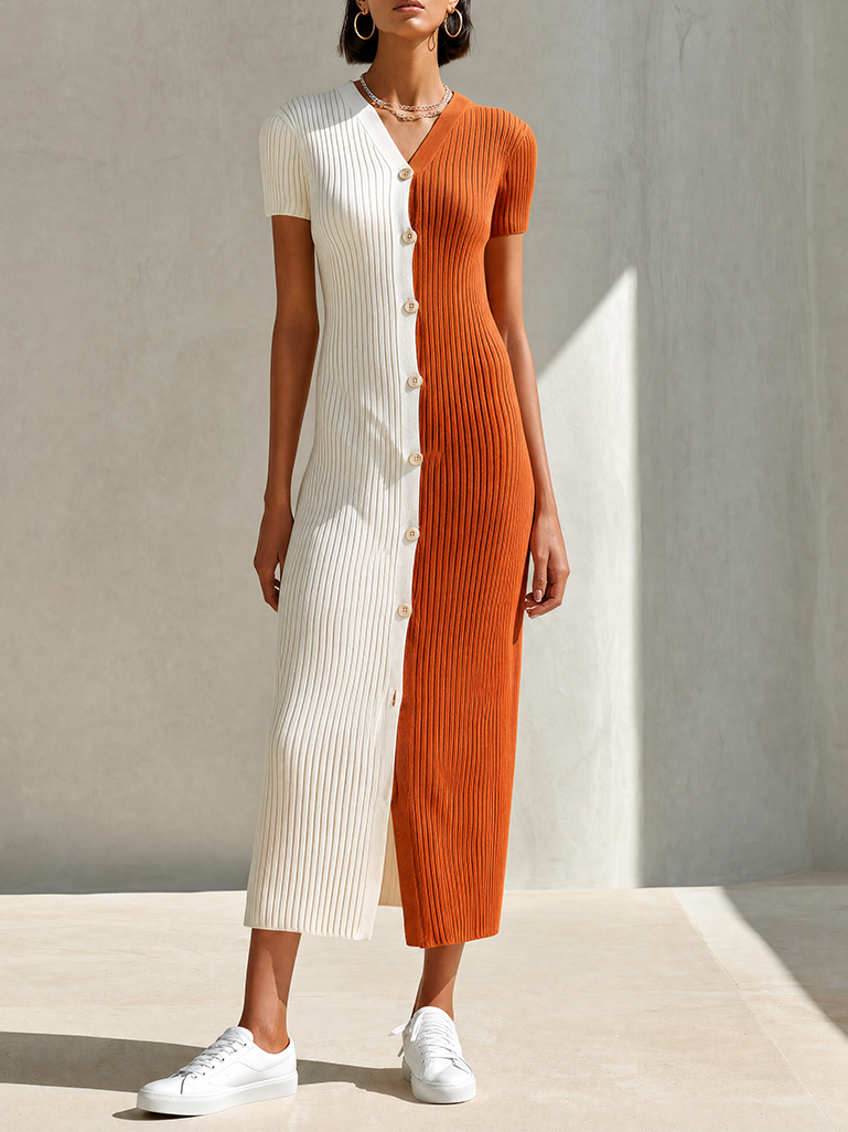 Women's Modern Ivory And Terracotta Color-Block Ribbed Knit V-Neck Short Sleeve Button-Front Midi DressMDZ2102G3ZSQ