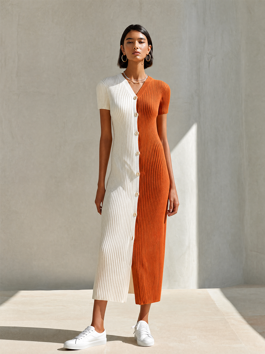 Women's Modern Ivory And Terracotta Color-Block Ribbed Knit V-Neck Short Sleeve Button-Front Midi DressMDZ2102G3ZSQ