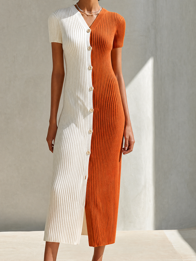 Women's Modern Ivory And Terracotta Color-Block Ribbed Knit V-Neck Short Sleeve Button-Front Midi DressMDZ2102G3ZSQ