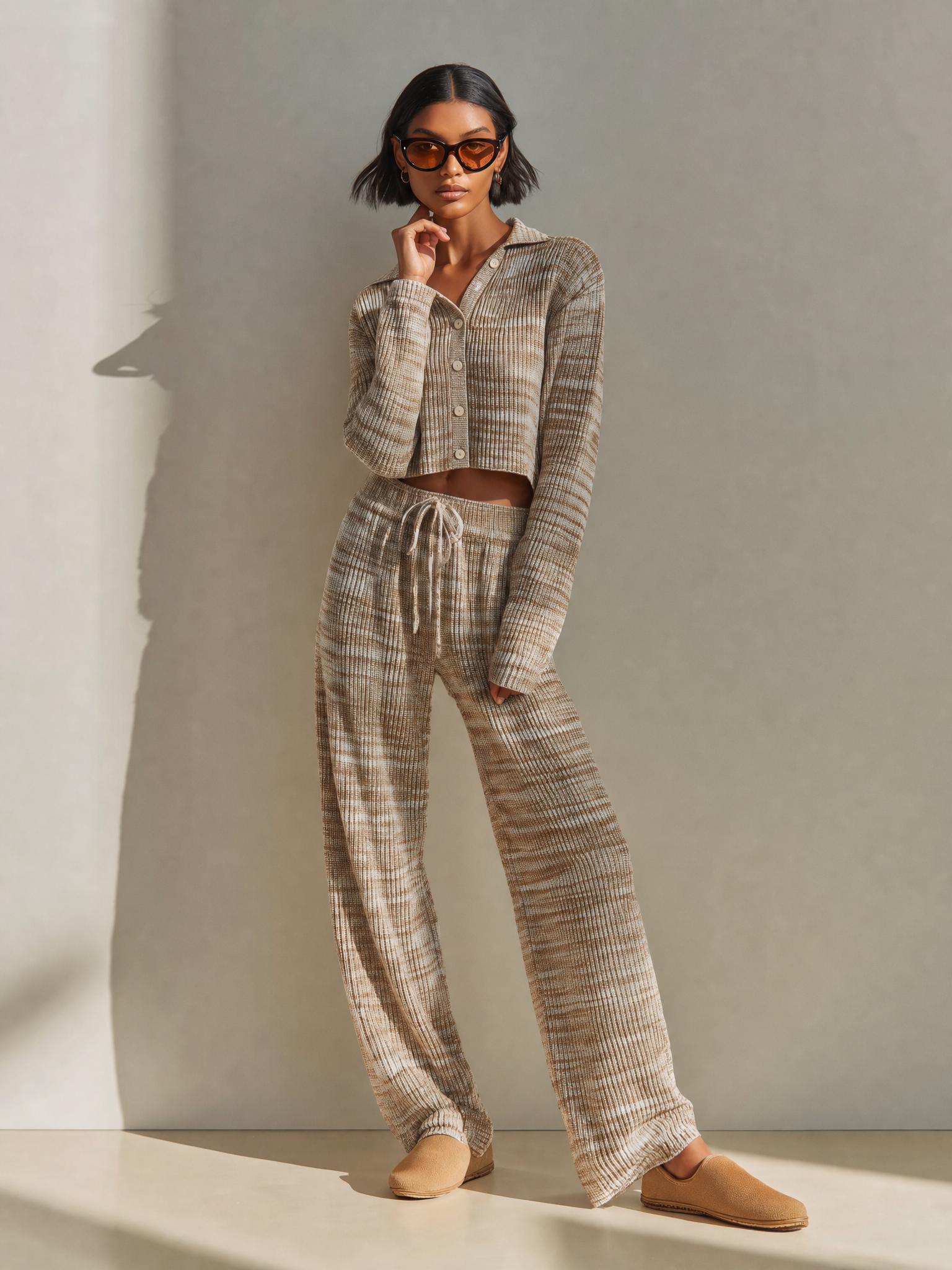 Women's Casual Brown Space-Dyed Ribbed Knit Collared Button-Front Cropped Cardigan And Drawstring Wide-Leg Pants Two-Piece SetMDZ2169G1ZSQ