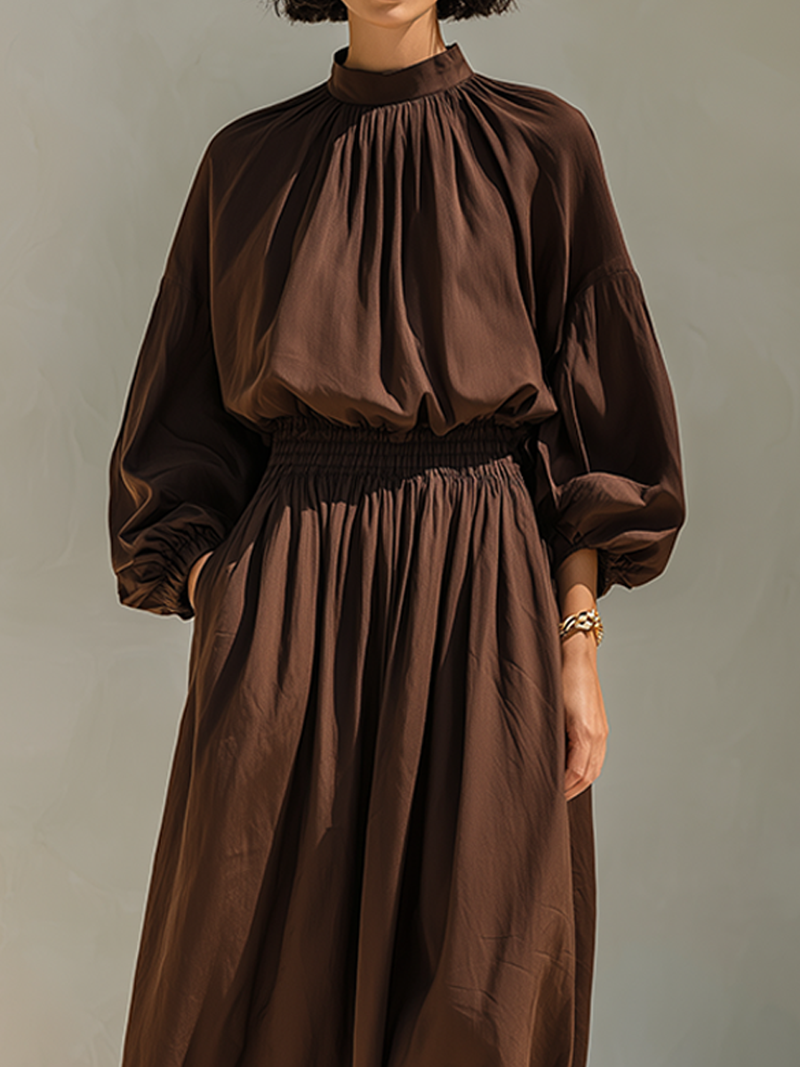 Women's Dark Brown Cotton Blend Gathered High Neck Balloon Sleeve Midi Dress MDZ2109G8ZRK