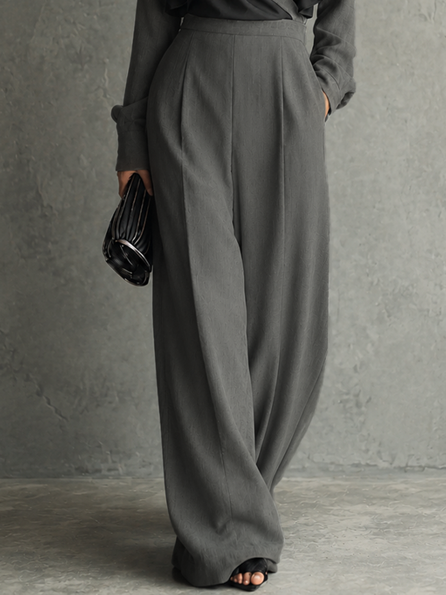 Women's Elegant Charcoal Gray Cotton Blend Chiffon Wrap Ruffle Sleeve Wide-Leg Jumpsuit MDZ2018G9GMJ