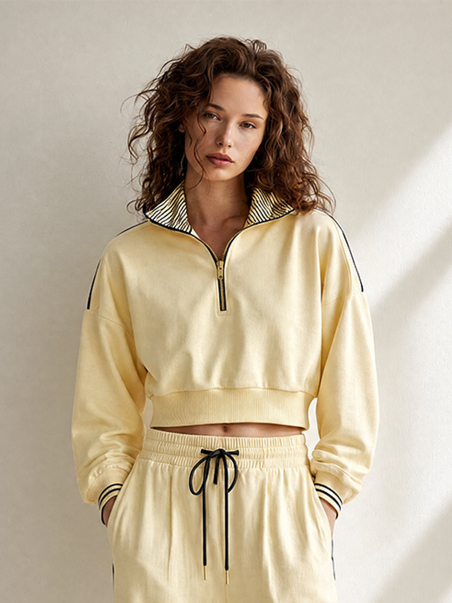 Women's Casual Sporty Light Yellow Half-Zip Collared Long-Sleeve Cropped Sweatshirt & Wide-Leg Trouser Set MDZ2127G6CMX