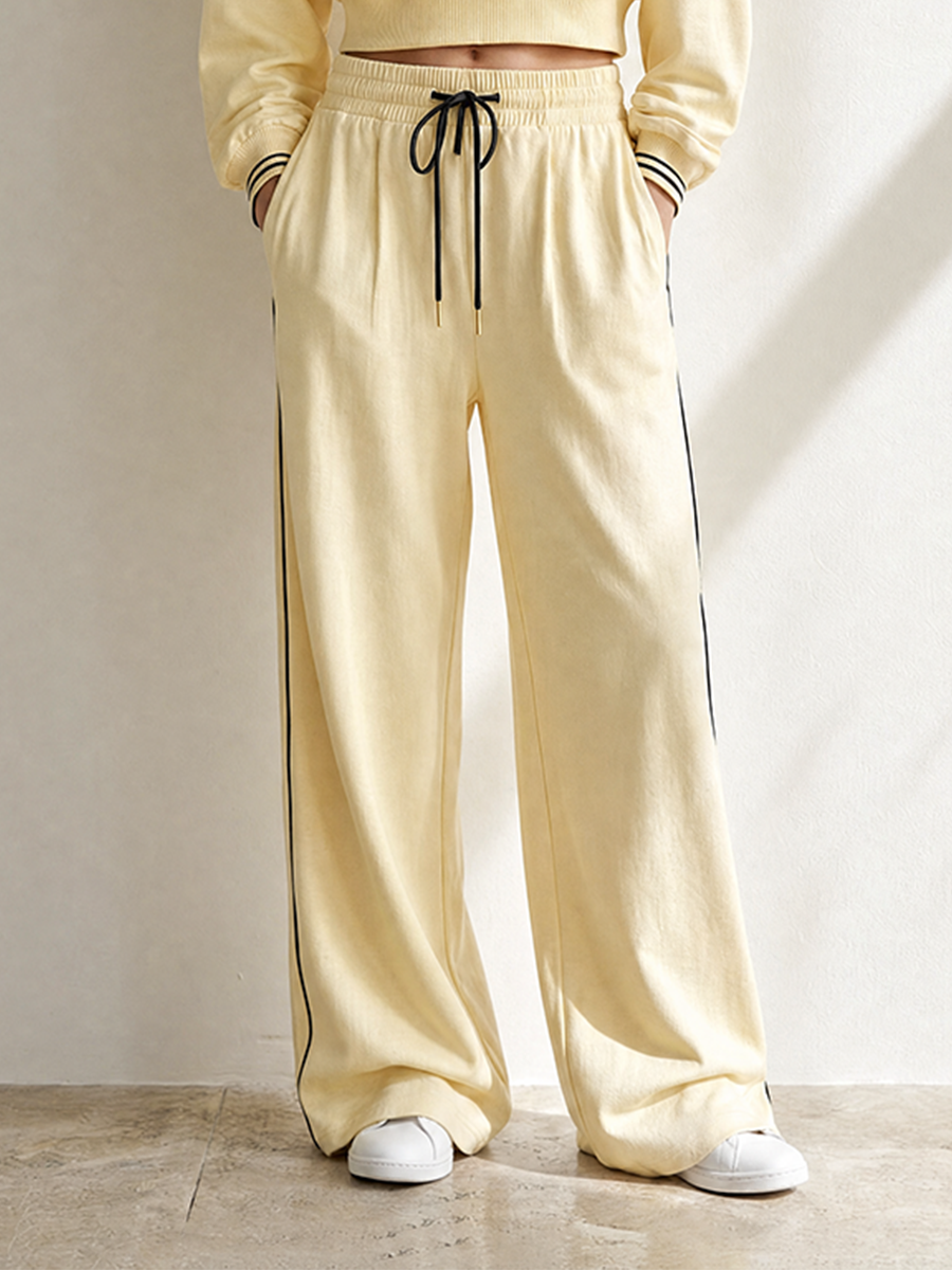 Women's Casual Sporty Light Yellow Half-Zip Collared Long-Sleeve Cropped Sweatshirt & Wide-Leg Trouser Set MDZ2127G6CMX