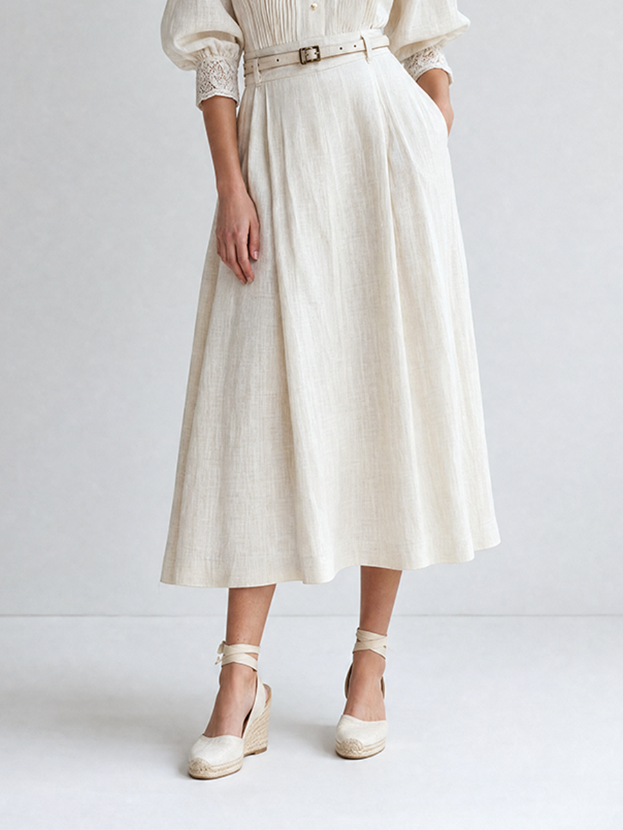 Women's Elegant Vintage White Linen Lace-Trim Stand-Collar Three-Quarter Puff-Sleeve Midi Dress MDZ2102G9CMX