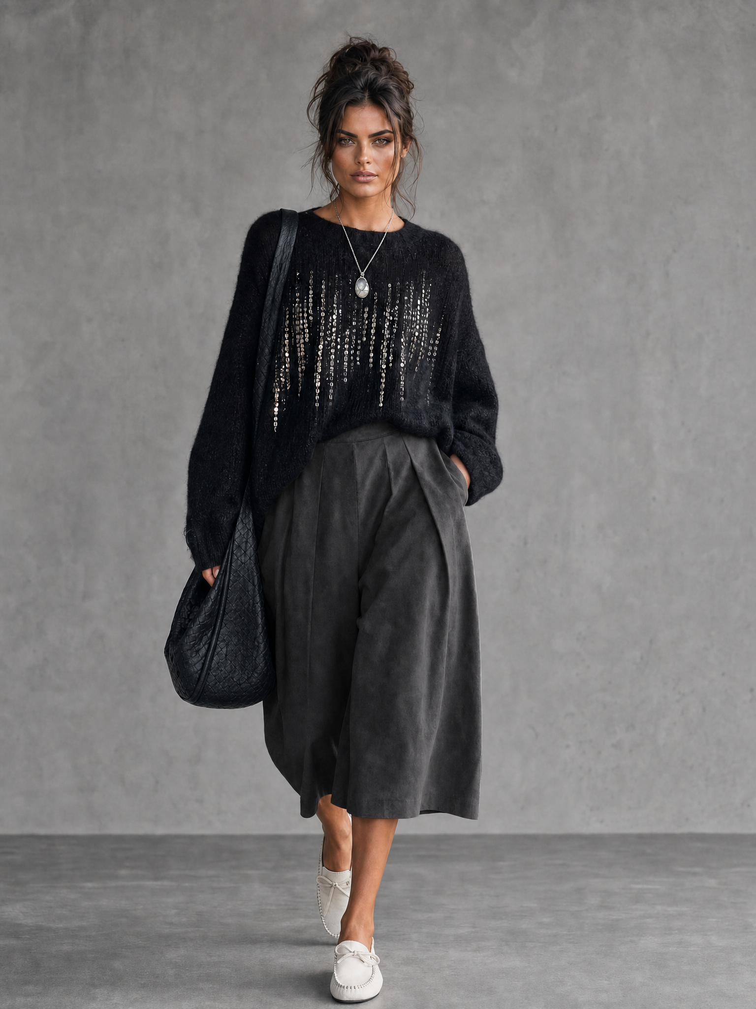 Women's Minimalist Sequin Long-Sleeve Sweater & Faux Suede Cropped Wide-Leg Pants Set MDZ2103G2WY