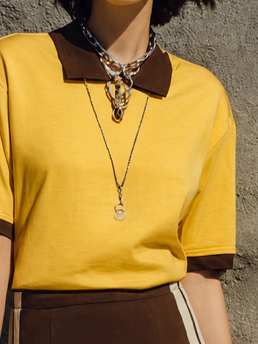 Women's Retro Casual Yellow Brown Cotton Blend Contrast Collar Short Sleeve Top MDZ2001G3GMJ