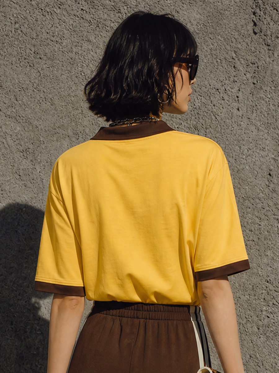 Women's Retro Casual Yellow Brown Cotton Blend Contrast Collar Short Sleeve Top MDZ2001G3GMJ
