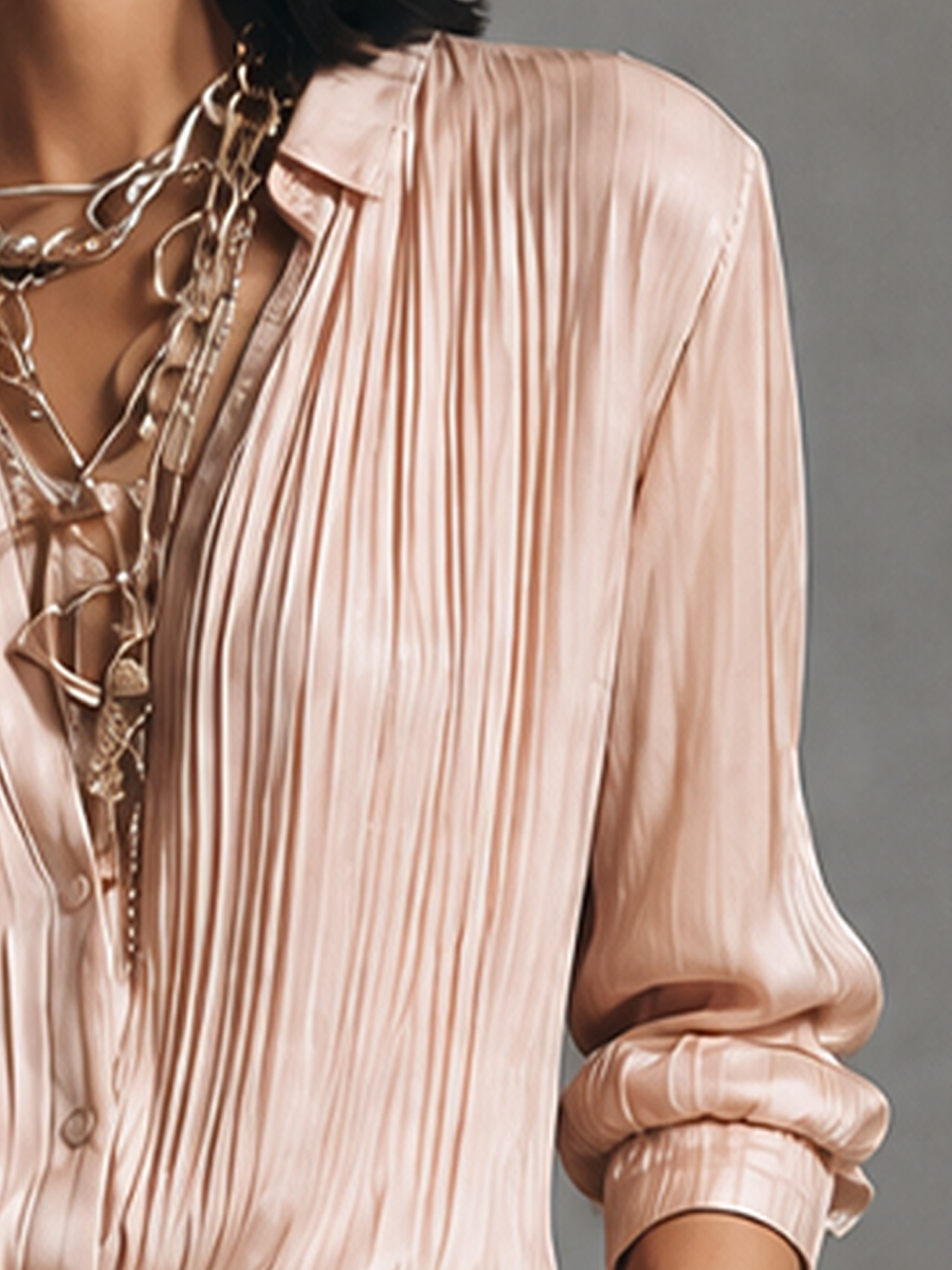 Women's Elegant Pink Satin Pleated Button-Down Long Sleeve Shirt MDZ2049G9GMJ