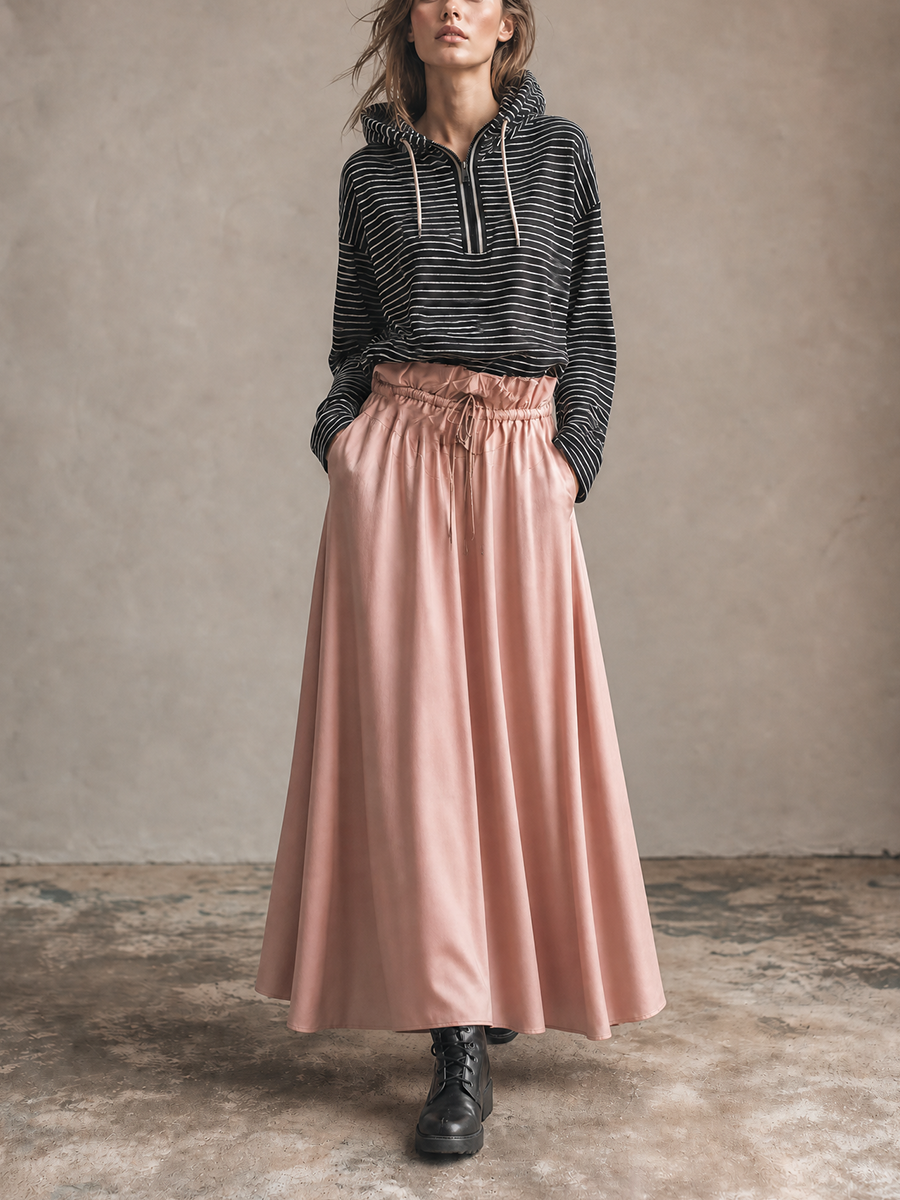 Women's Black White Striped Half Zip Hooded Long Sleeve Loose Top Dusty Pink Drawstring High Waist Side Pocket Flowy Maxi Skirt Two Piece Set MDZ2179G4YZJ