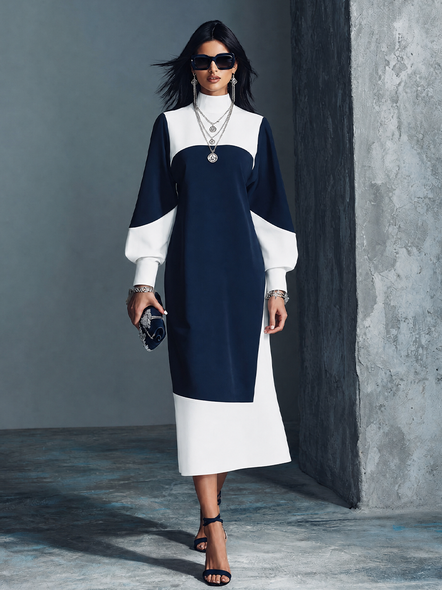 Women's Modern Elegant Navy White Cotton Blend Color-Block Lantern Sle – Modesees