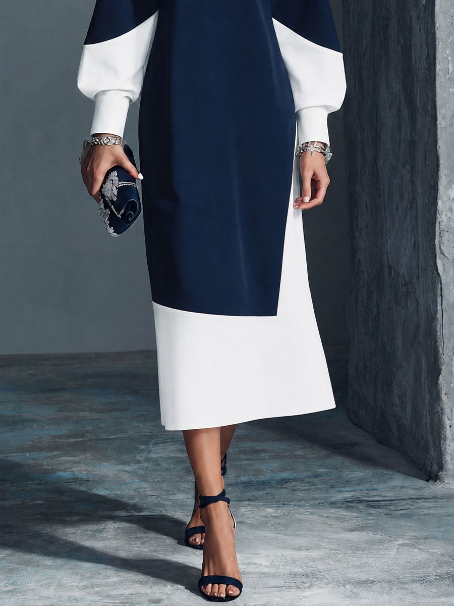Women's Modern Elegant Navy White Cotton Blend Color-Block Lantern Sleeve Midi Dress MDZ2113G5GMJ