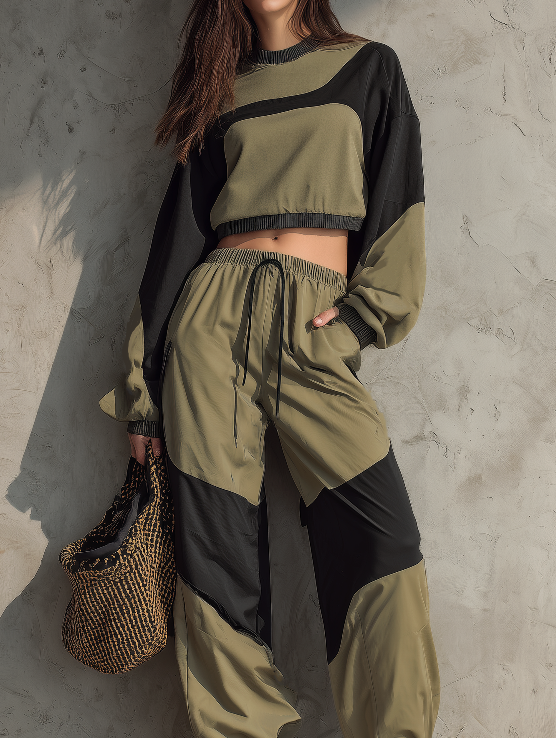 Women's Casual Long-sleeve Woven Top And Pants Tracksuit Featuring Dark Green And Black Color-blocking MDZ2116G9LXY