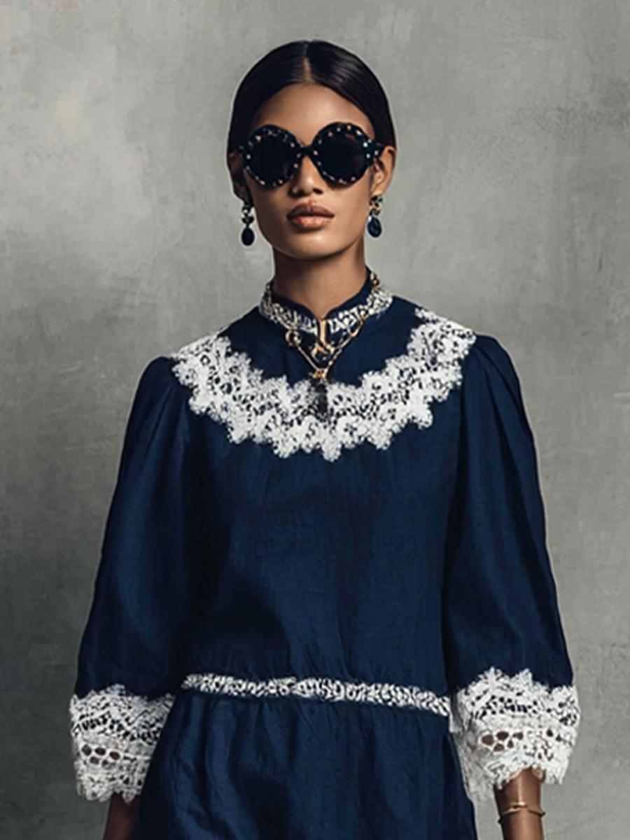 Women's Elegant Navy Blue Cotton Linen Lace Trim Lantern Sleeve Midi Dress MDZ2122G7GMJ