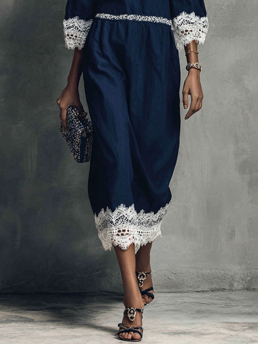 Women's Elegant Navy Blue Cotton Linen Lace Trim Lantern Sleeve Midi Dress MDZ2122G7GMJ