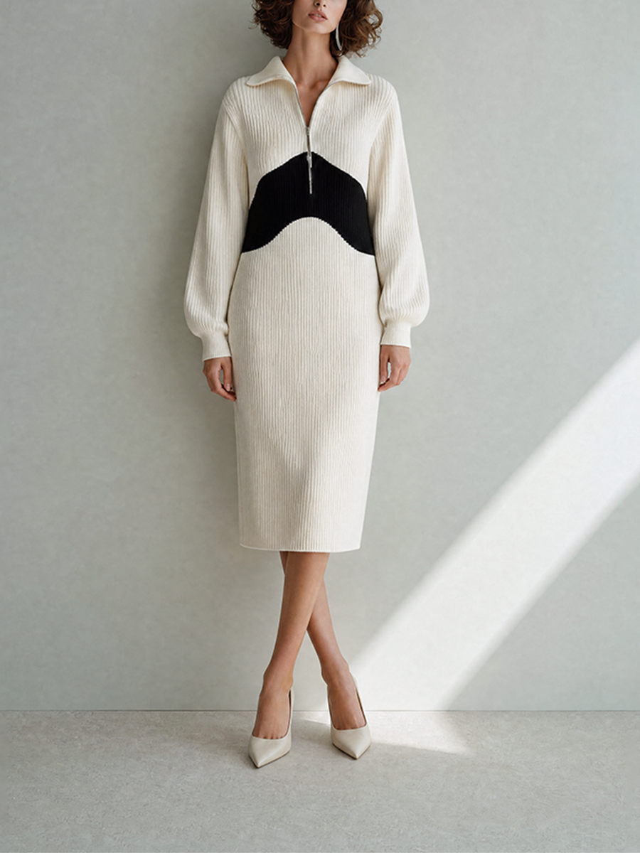 Women's Elegant White Ribbed-Knit Half-Zip Collared Long-Sleeve Colorblock Midi Dress MDZ2280G1CMX