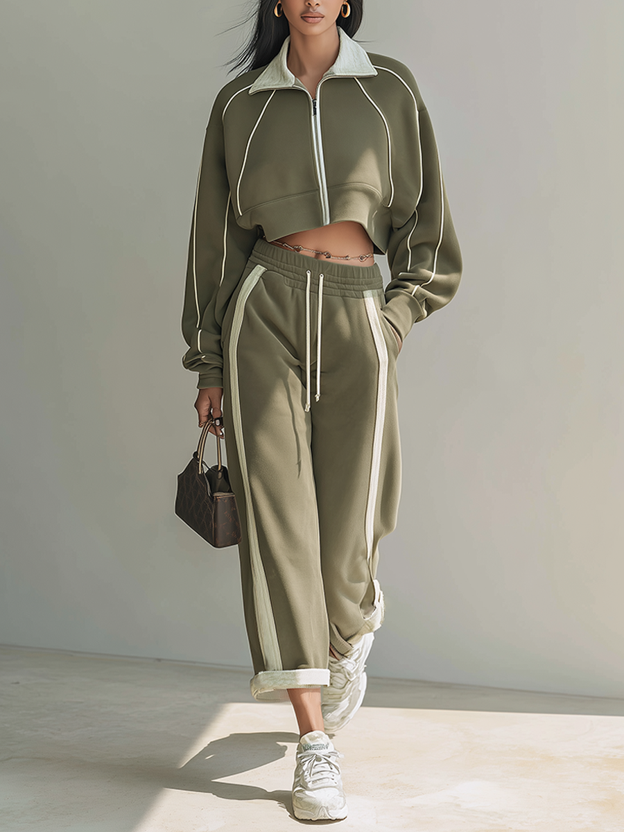 Women's Olive Cotton Blend Contrast Piping Cropped Zip Jacket & Wide Leg Sweatpants Set MDZ2223G4ZRK