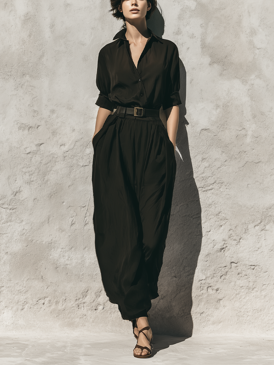 Women's Black Tencel Blend Collared Partial Placket 3/4 Sleeve Shirt Dress MDZ2223G5YZJ