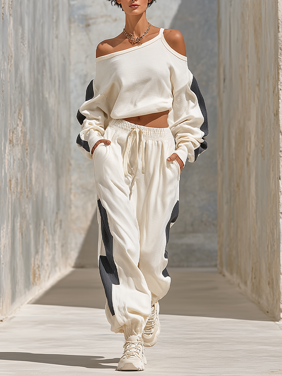 Women's Cream Color Block Cotton Blend Co-Ord Set With Cold Shoulder Striped Sweatshirt & Drawstring Jogger Pants, Streetwear Casual Cropped Co-Ord Outfit MDZ2206G1LYL