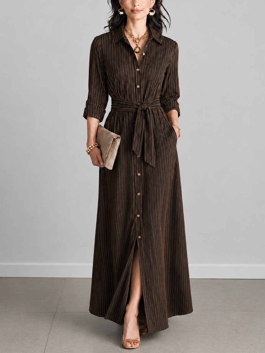 Women's Elegant Black Brown Cotton Blend Pinstripe Button Belted Split Maxi Shirt Dress MDZ2245G2GMJ