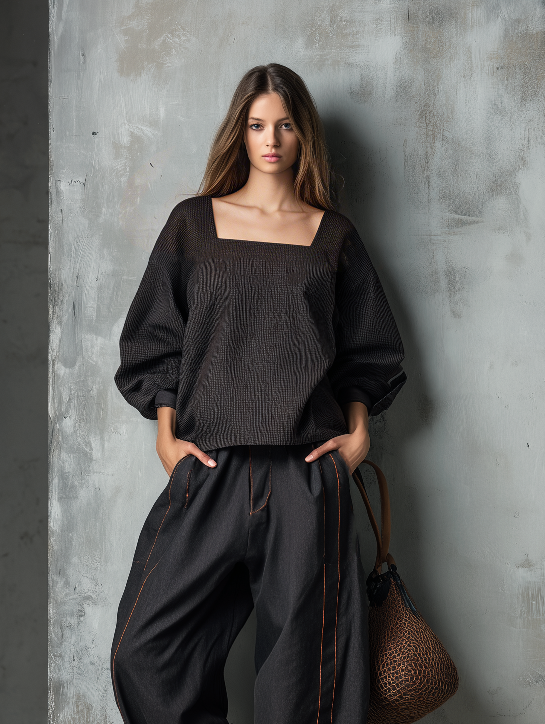 Women's Casual Dark Brown Woven Long-sleeve Top With A Square Neckline, Paired With Black Woven Trousers MDZ2314G9LXY