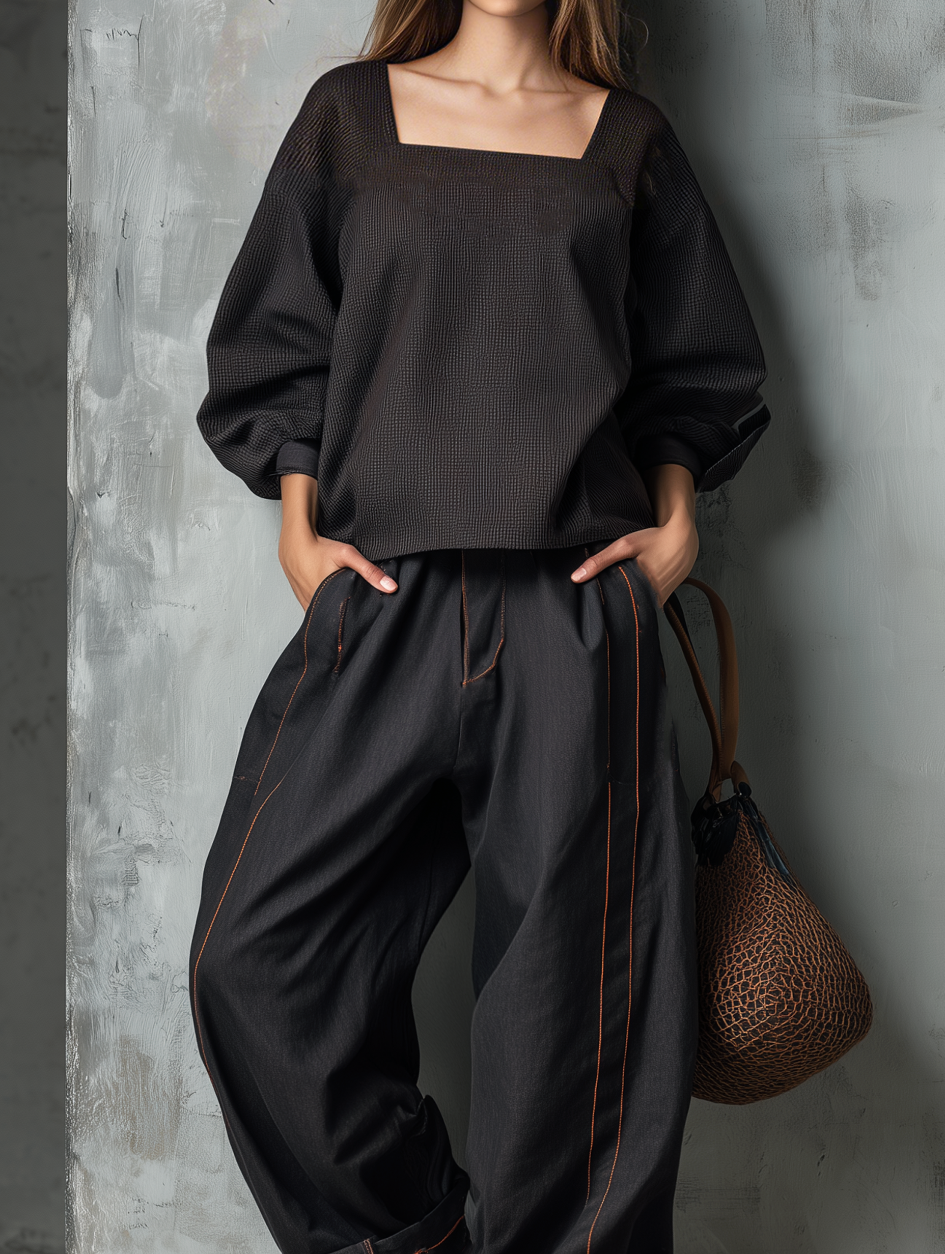 Women's Casual Dark Brown Woven Long-sleeve Top With A Square Neckline, Paired With Black Woven Trousers MDZ2314G9LXY